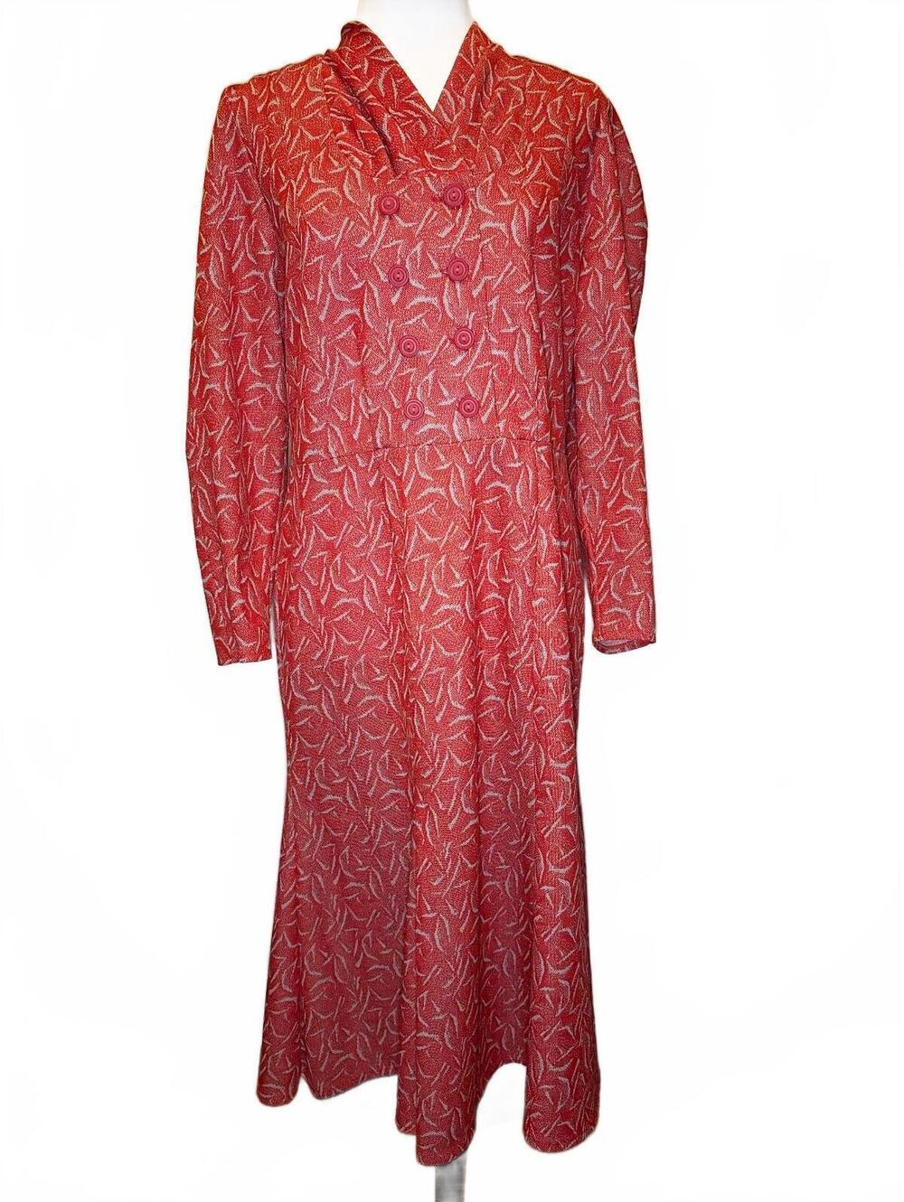Vintage Soviet USSR Midi Dress M Red Beige Leaf Mod Cottagecore Prairie 80s Era